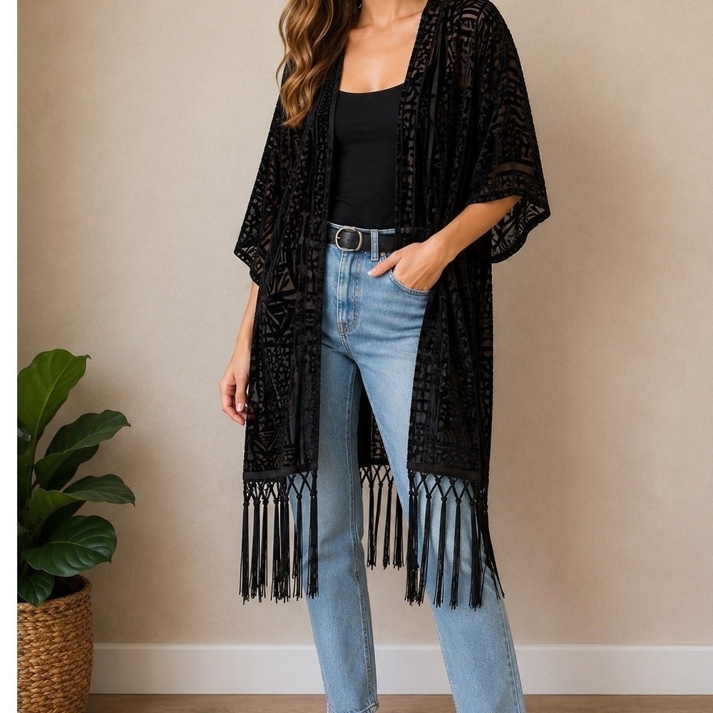 Rags to Wishes Kimono Women Size M Black Excellent Burnout Velvet Fringe Wrap